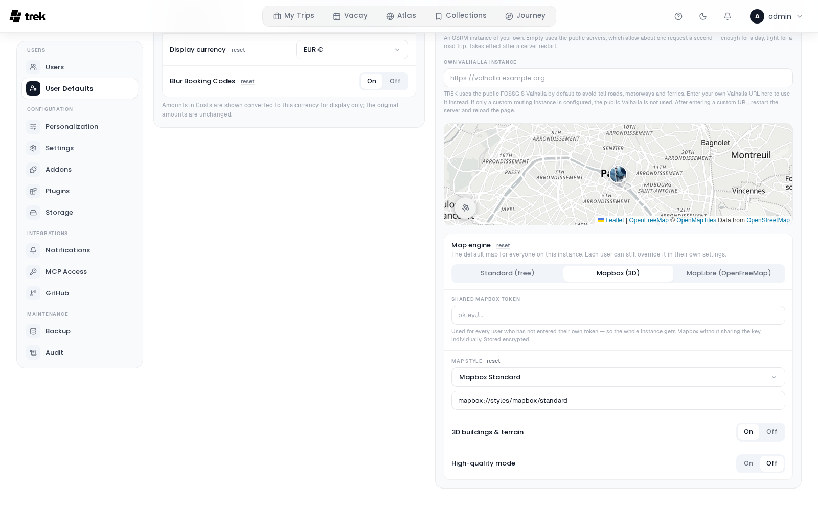 The Map card with Mapbox (3D) picked as the map engine, showing the Shared Mapbox token, Map style, 3D buildings & terrain and High-quality mode rows below it