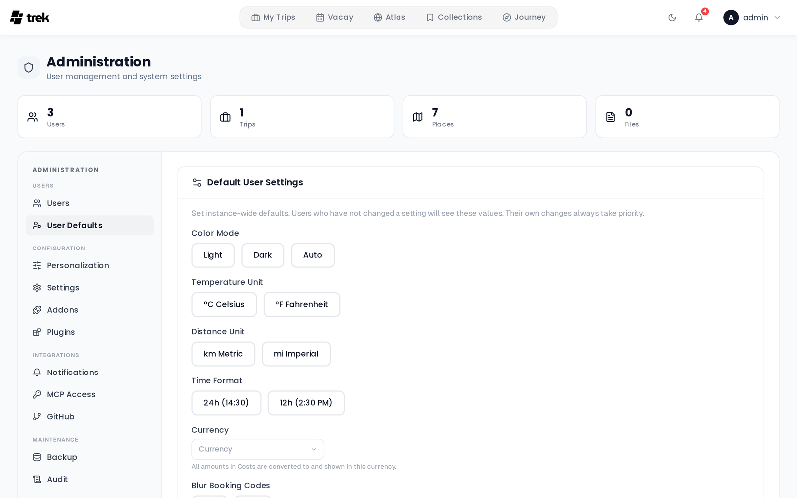 Admin panel on the User Defaults tab, setting instance-wide defaults for colour mode, temperature unit, distance unit, time format, currency and blurred booking codes