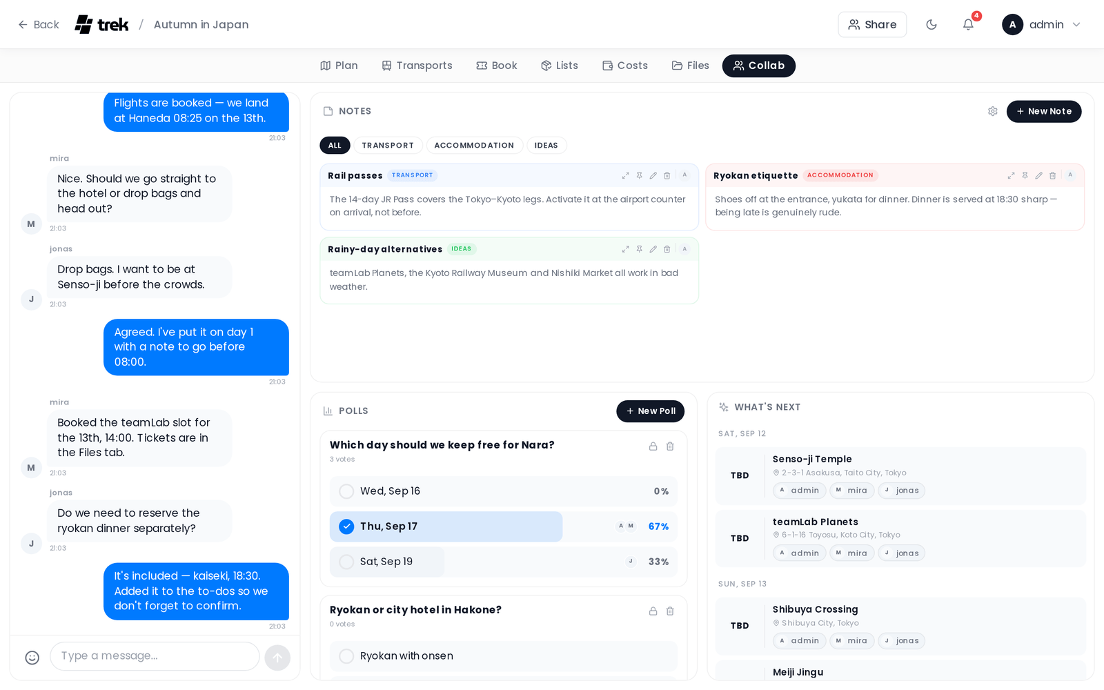 The Collab tab: chat, shared notes, polls and the What's Next widget side by side