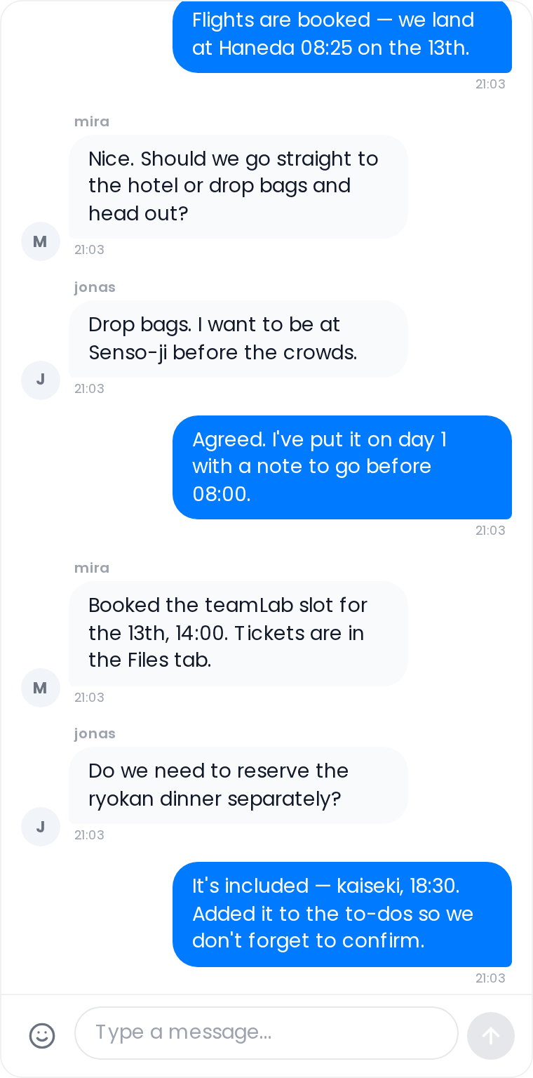 The trip chat, with messages from three trip members
