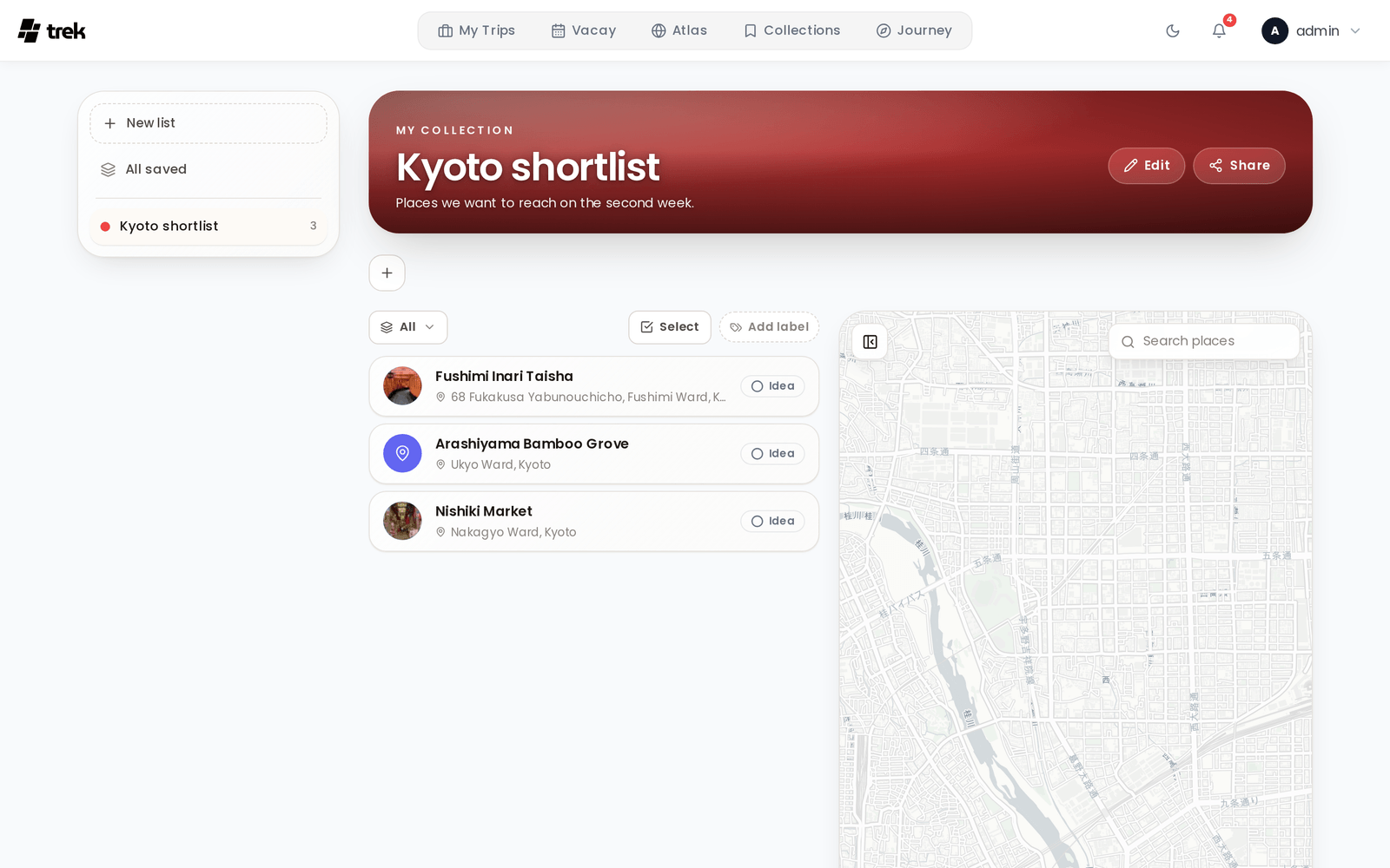A single collection, "Kyoto shortlist", with its coloured hero, Edit and Share actions, the lists rail on the left and three saved places each marked Idea, next to the map