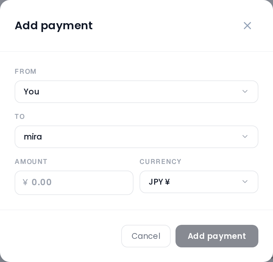 Add payment dialog with From and To member pickers, an amount field and a currency selector