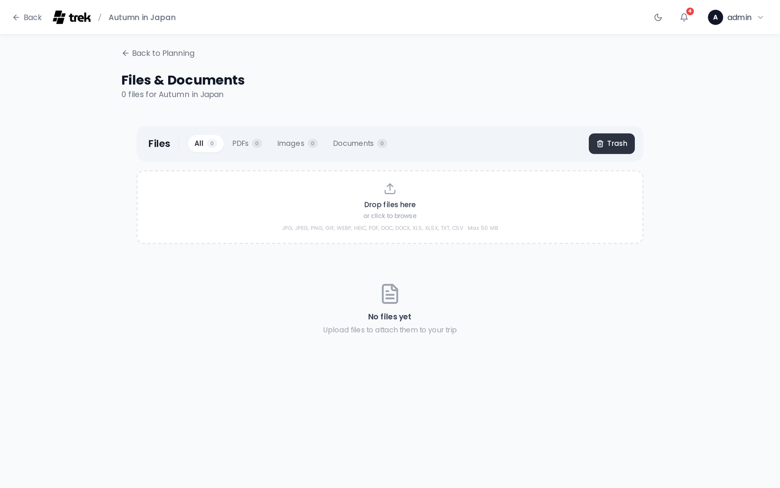 Files & Documents page with the All / PDFs / Images / Documents filter tabs, a Trash button, and the empty drag-and-drop upload area listing the allowed file types and 50 MB limit