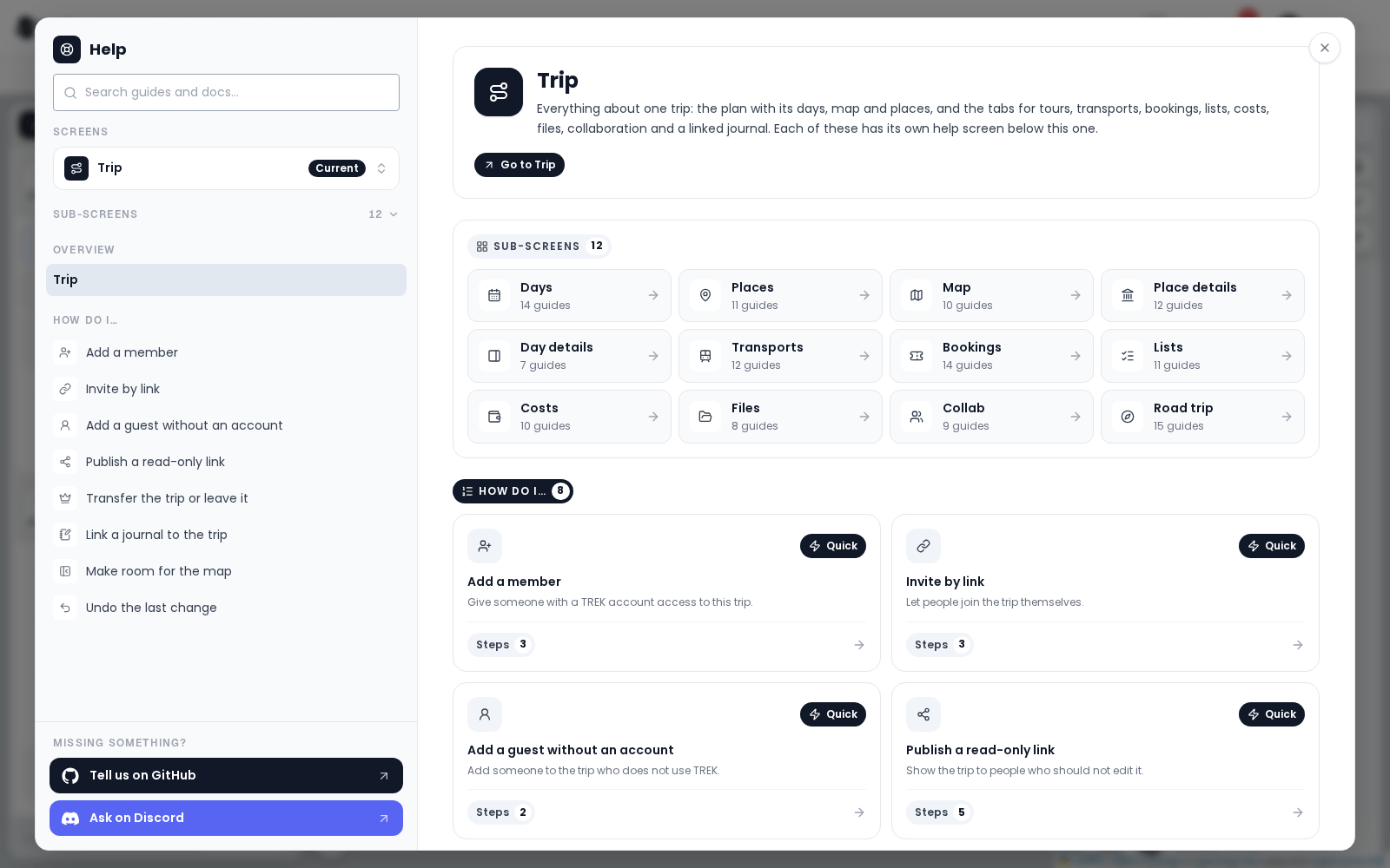 The help center open on the trip: the screen switcher with Trip marked Current, the How do I list on the left, and on the right the summary, Go to Trip, the sub-screen cards with their guide counts and the guide cards