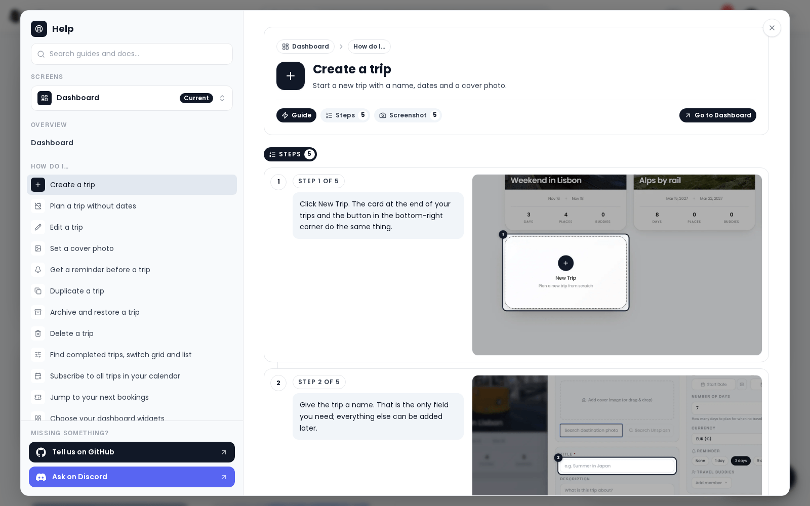 The Create a trip guide in the help center: the Guide chip with 5 steps, and step 1 with its sentence beside a picture ringed on the New Trip card