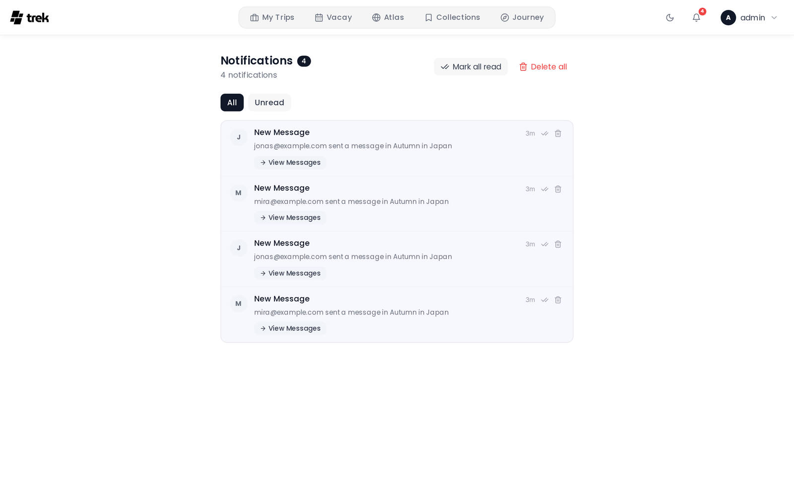 Full-page Notifications inbox with All and Unread filter pills and an empty "No notifications — you're all caught up!" state