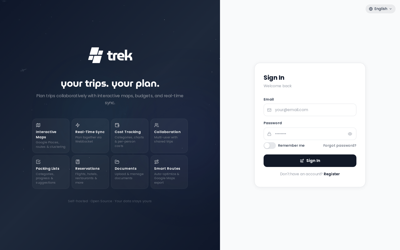 TREK login page: the product splash panel on the left and the Sign In card on the right with email and password fields, a Remember me switch, a Forgot password? link and a Register link