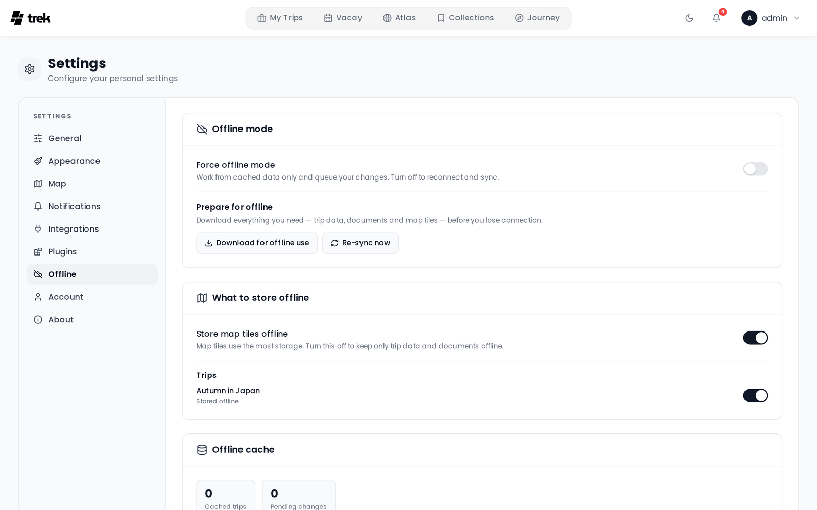 Settings → Offline tab with the Force offline mode switch, the Download for offline use and Re-sync now buttons, per-trip offline storage toggles and the offline cache counters