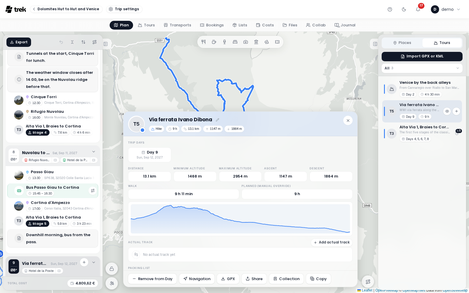 Tour card of the Via ferrata Ivano Dibona open over the map: type, time, distance, ascent and descent pills in the head, Trip days with Day 9, the measures, the elevation profile and the footer buttons