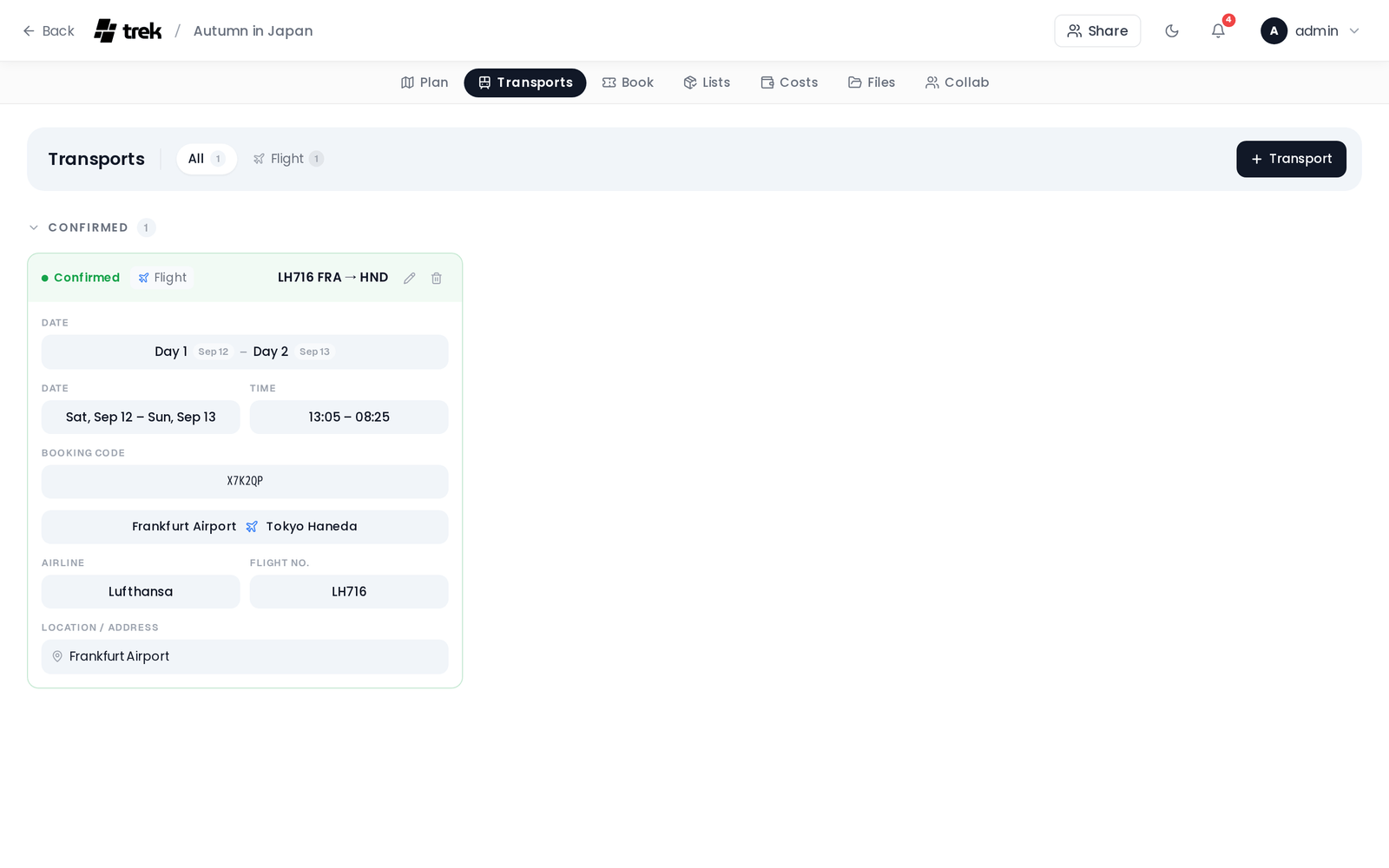 Transports tab listing a confirmed flight card with its day range, times, booking code, airport endpoints, airline and flight number