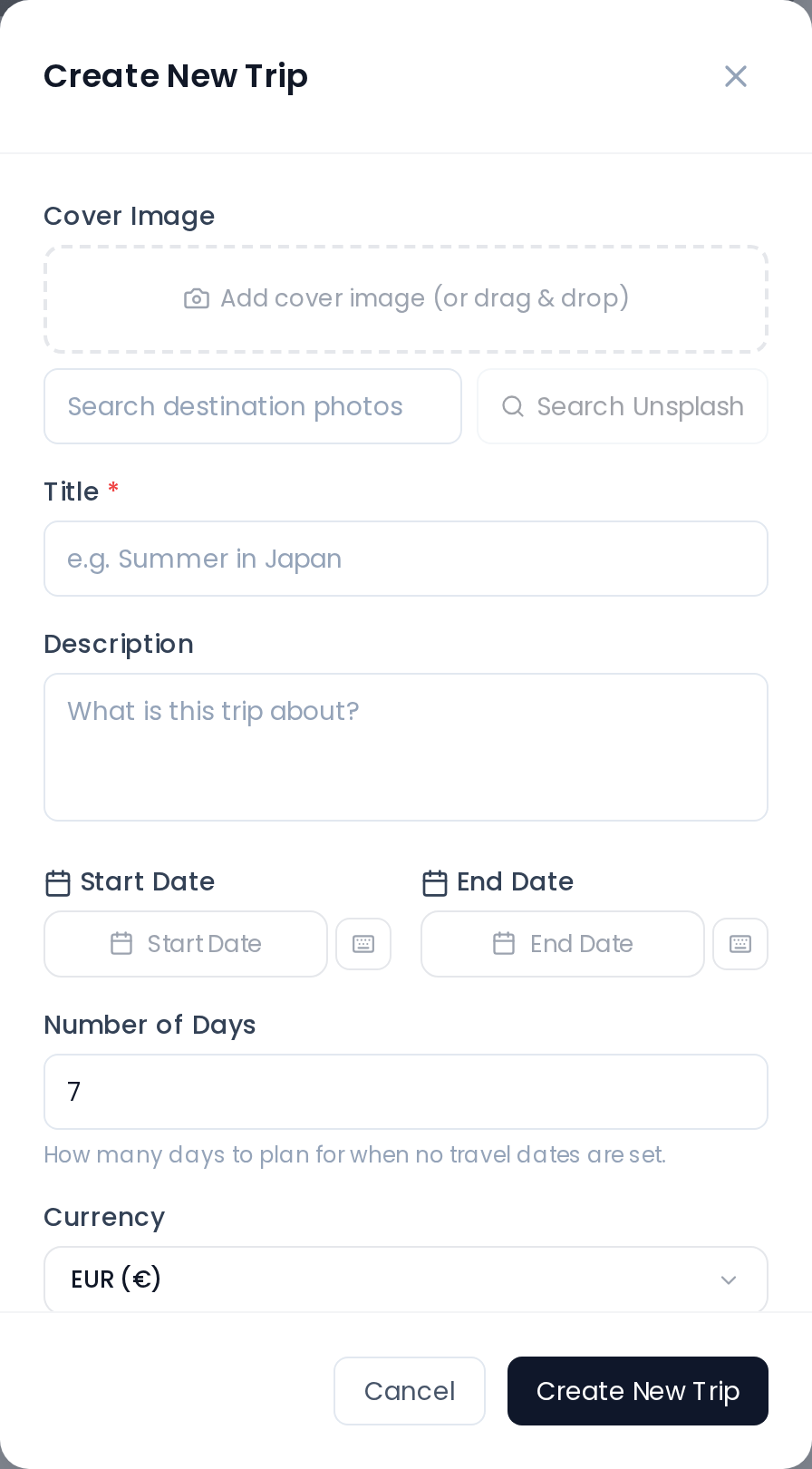 Trip creation dialog