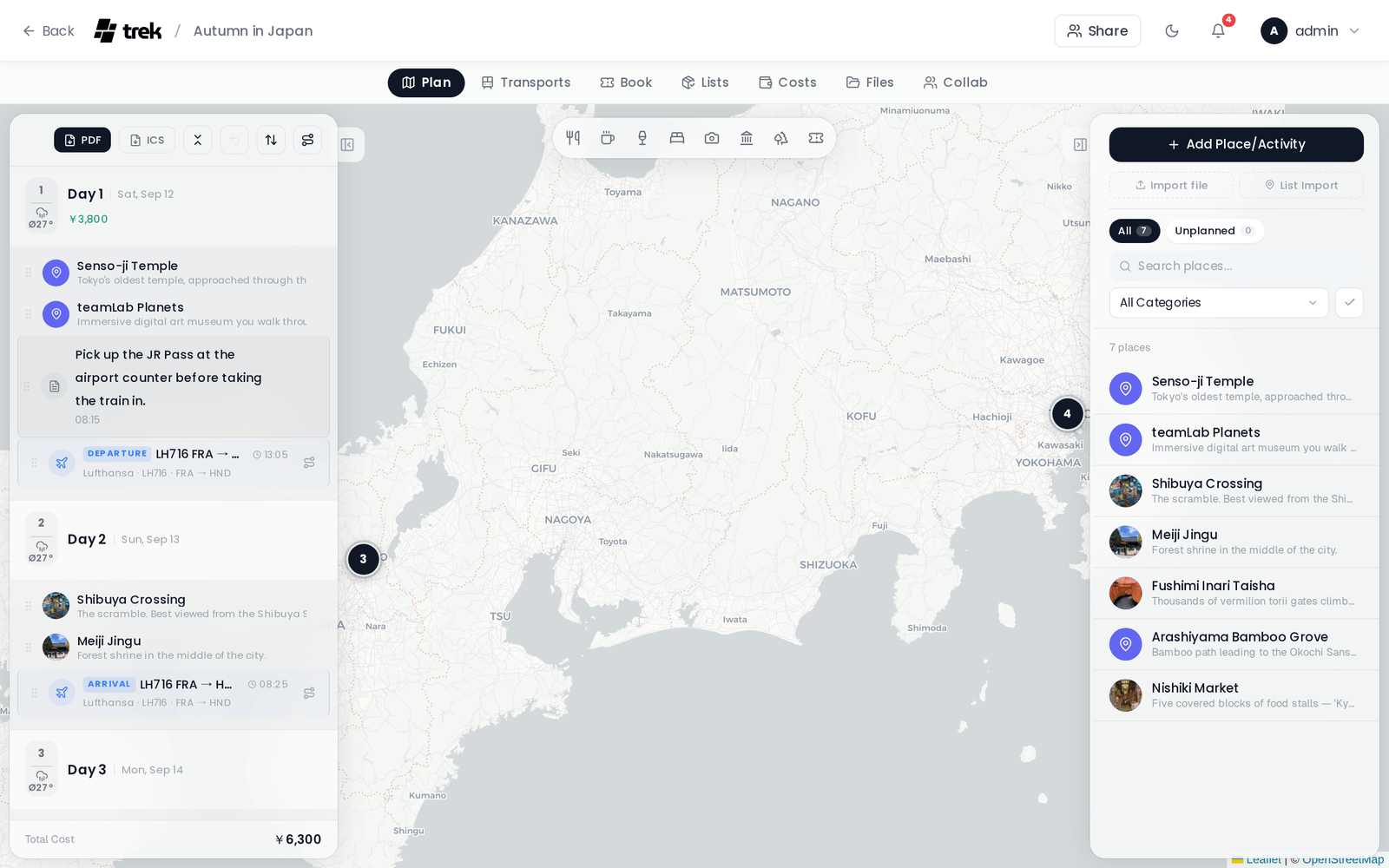 Planner in its three-pane layout: the day plan sidebar with days, places, notes and flight entries on the left, the map in the centre, and the places sidebar with search and category filter on the right