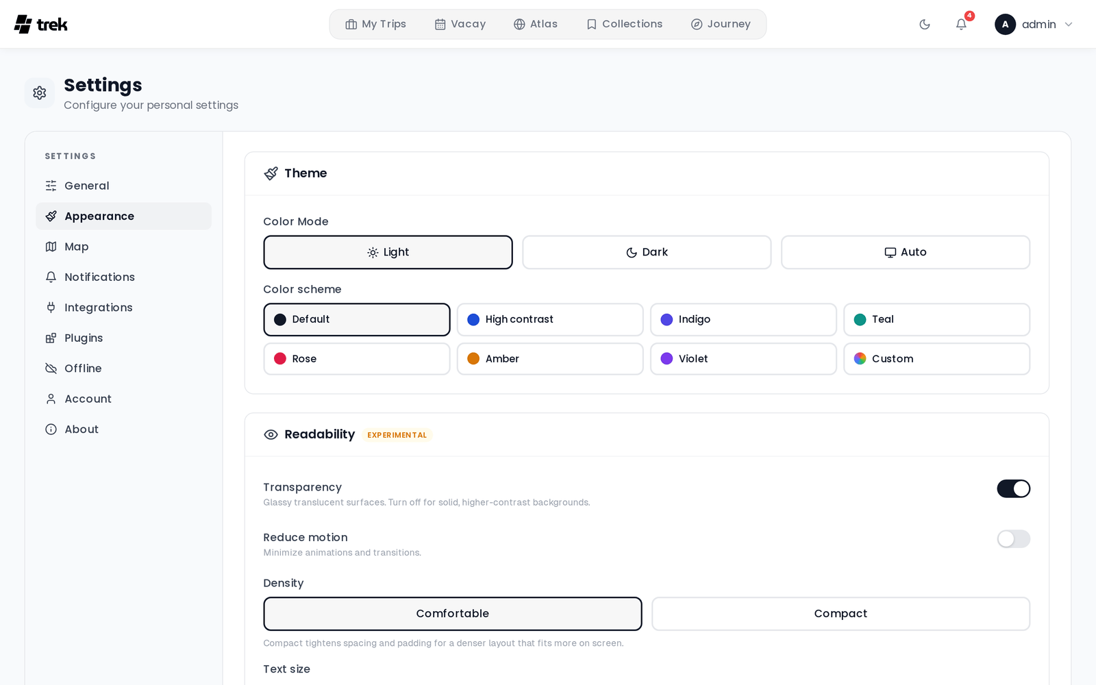 Settings page on the Appearance tab showing the Light / Dark / Auto colour mode buttons, the eight colour scheme swatches, and the Readability section with transparency, reduce motion and density controls