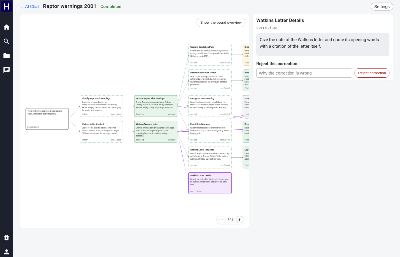 An existing correction selected on a completed investigation graph