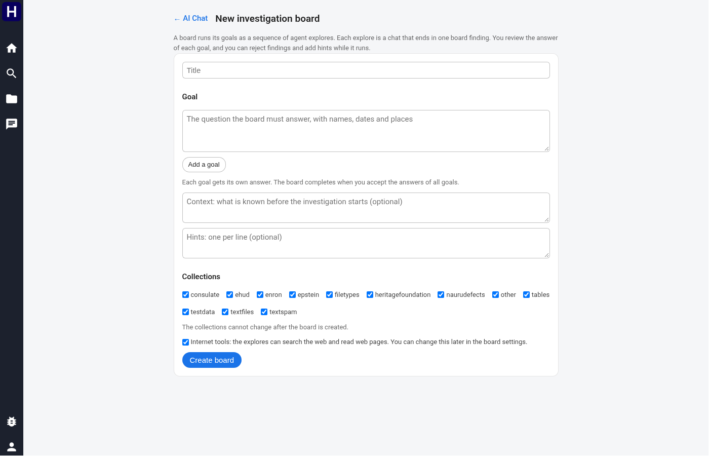 Board creation form with goals, background context, hints, collections, and Internet tools