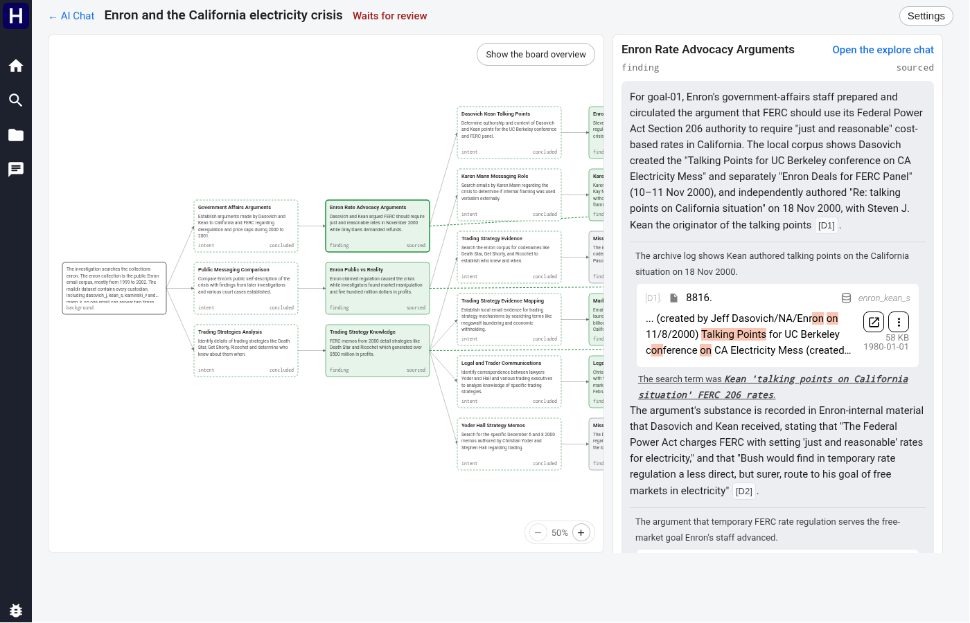 A selected sourced finding with quoted evidence and document citation cards