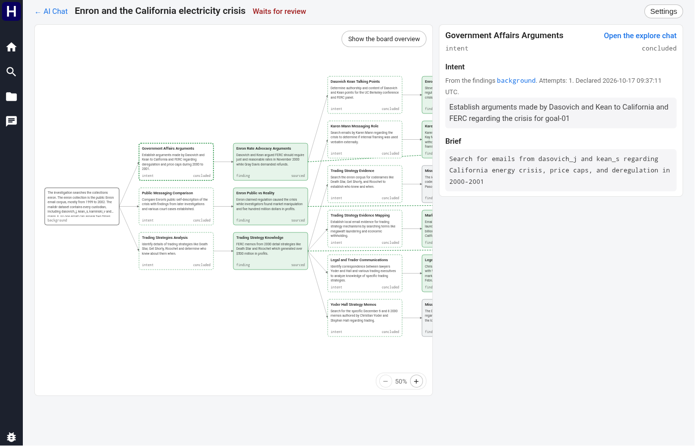 A concluded research intent with its objective, brief, and Open the explore chat link