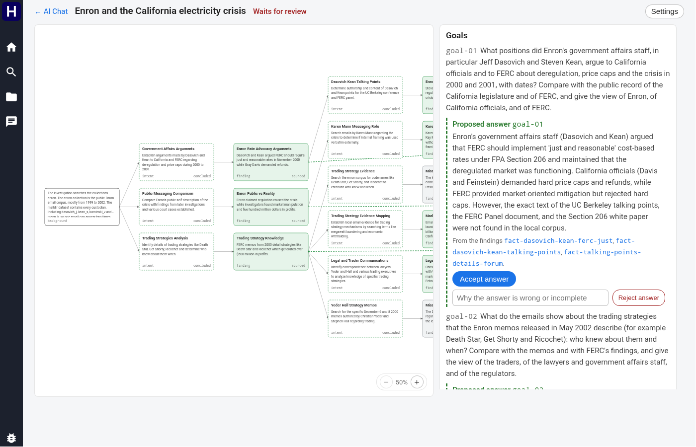 A research board with linked graph nodes and three proposed goal answers