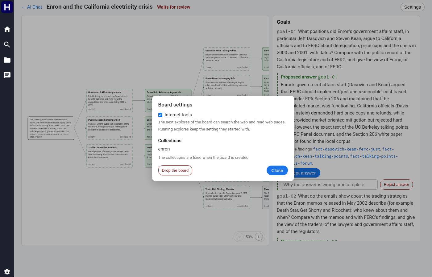 Board settings with Internet tools, fixed collections, Close, and Drop the board controls