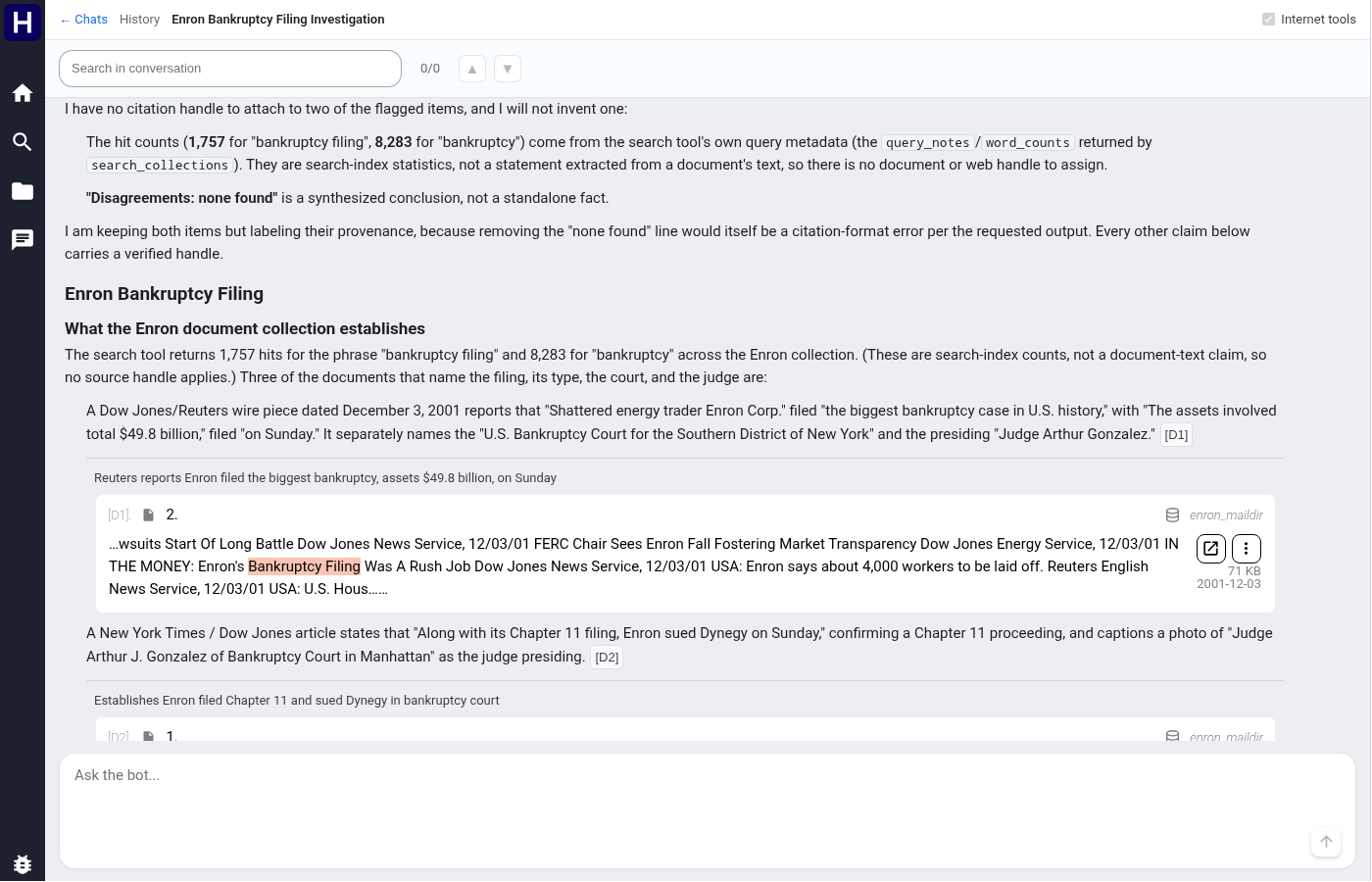 An existing Enron answer that separates search counts from cited document evidence
