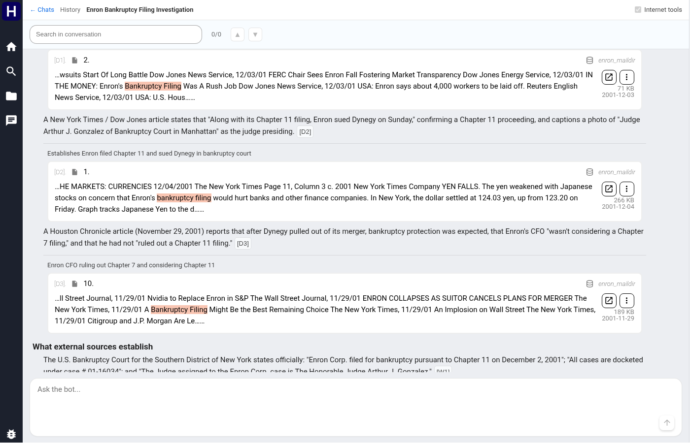 Document citation cards with filenames, dates, quoted passages, and document actions