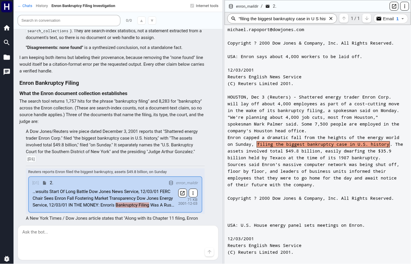 An Enron document citation opened beside the answer with its quoted passage highlighted