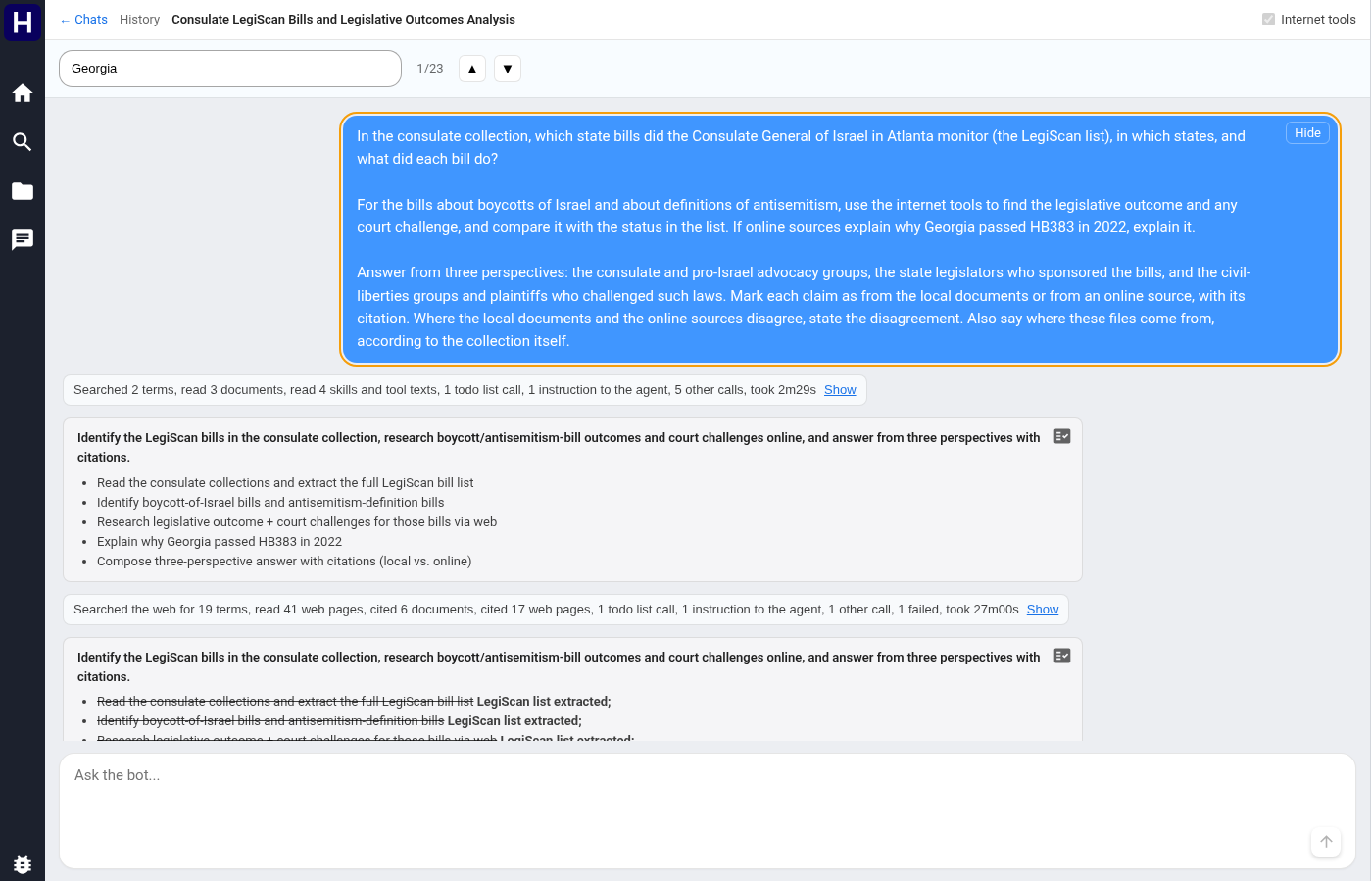 Conversation search for Georgia with a match counter and highlighted message