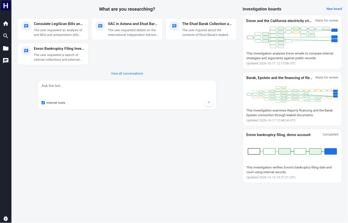 AI chat home with existing conversations, a question composer, and investigation boards