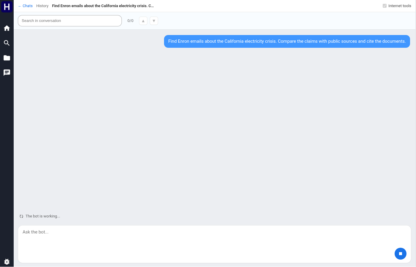 An active demo chat with its activity line and stop control