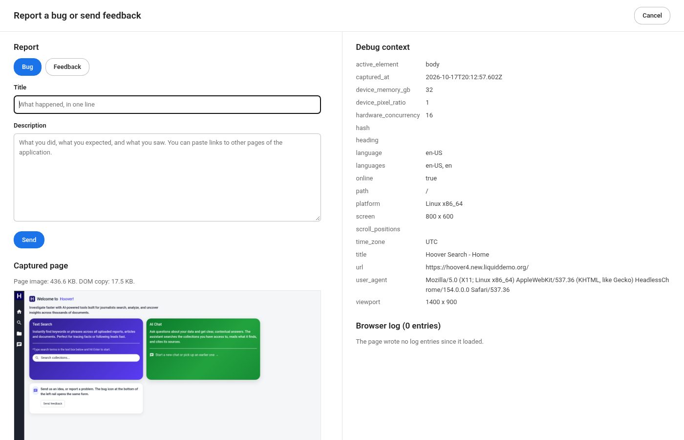 Feedback form with captured page and debug context