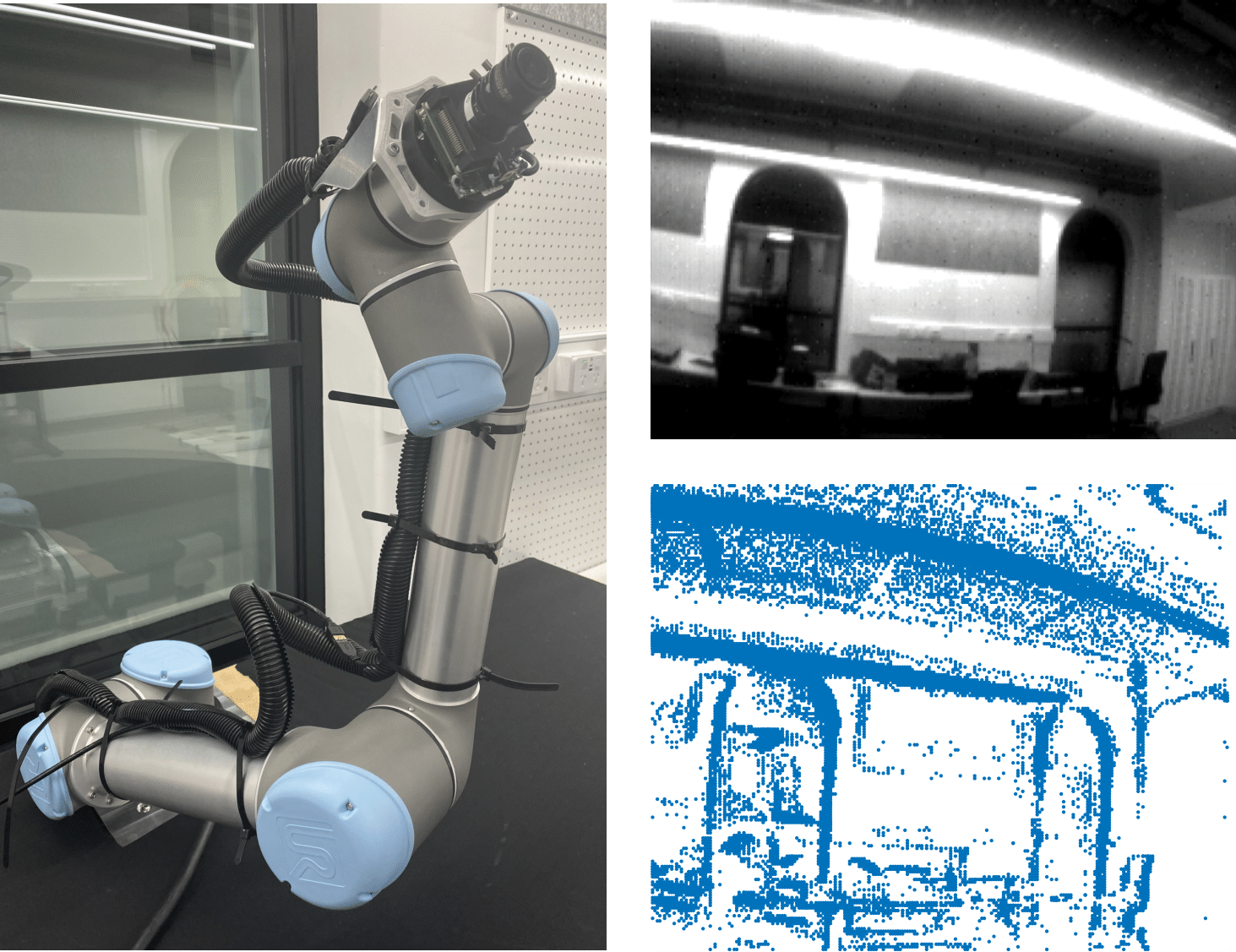 UR5 robot arm with DAVIS 240C event camera, and sample APS image and event image captured with our setup.