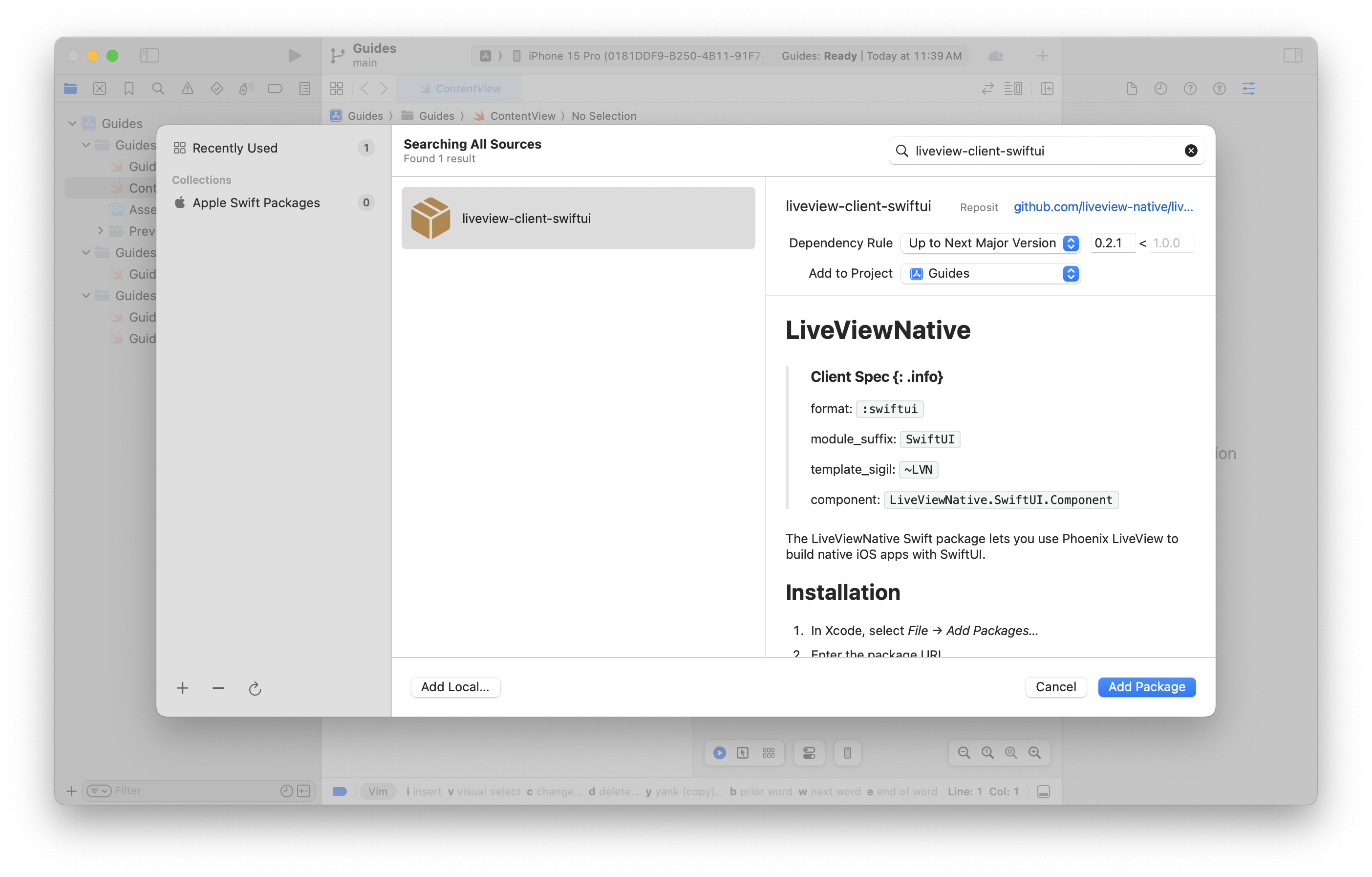 Xcode install the LiveView Native package