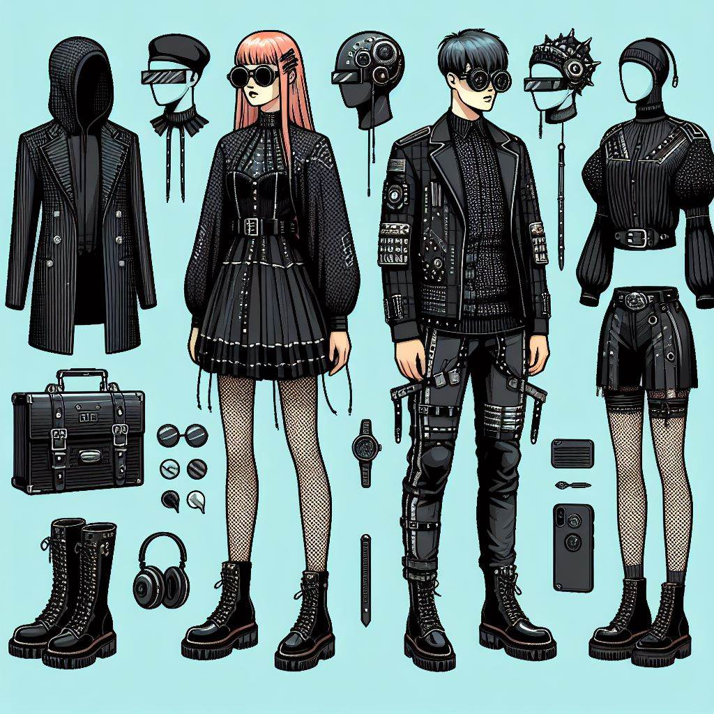 AI generated image of male and female fashion apparel in the style of futuro goth