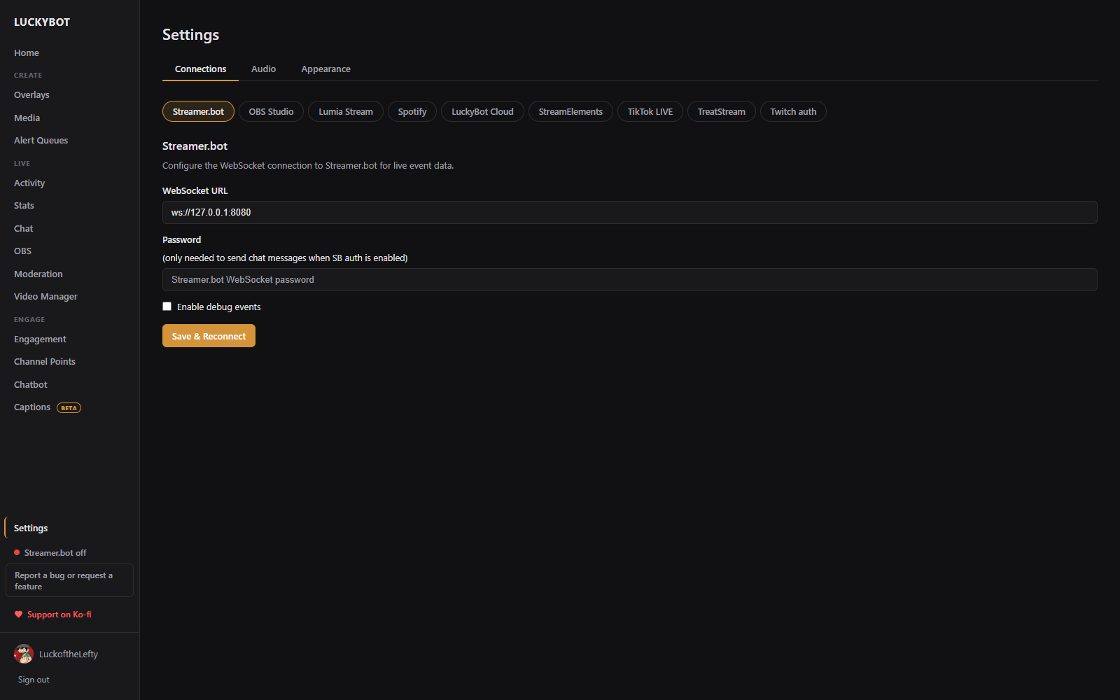 Settings, Connections tab