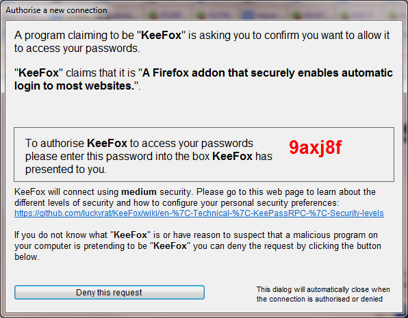 Screenshot of Connection authorisation KeePass dialog