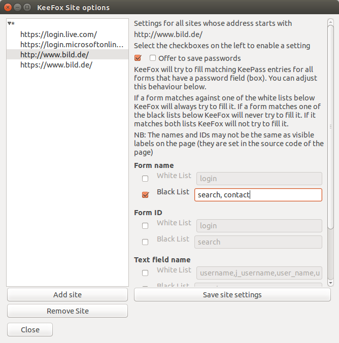 Screenshot of site-specific options dialog