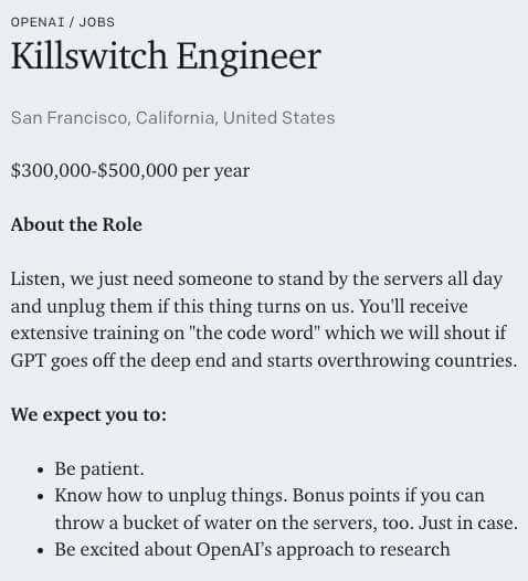 OpenAI is Hiring a Killswitch Engineer for 500K/Year