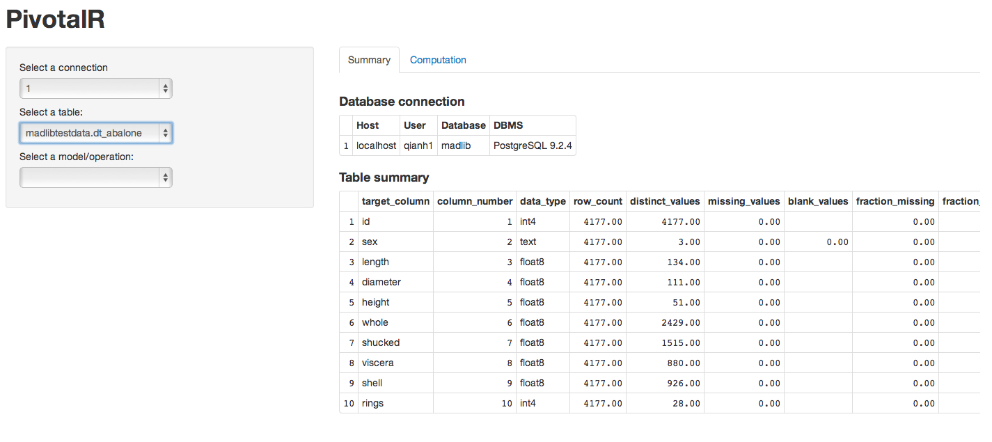 Table's summary view