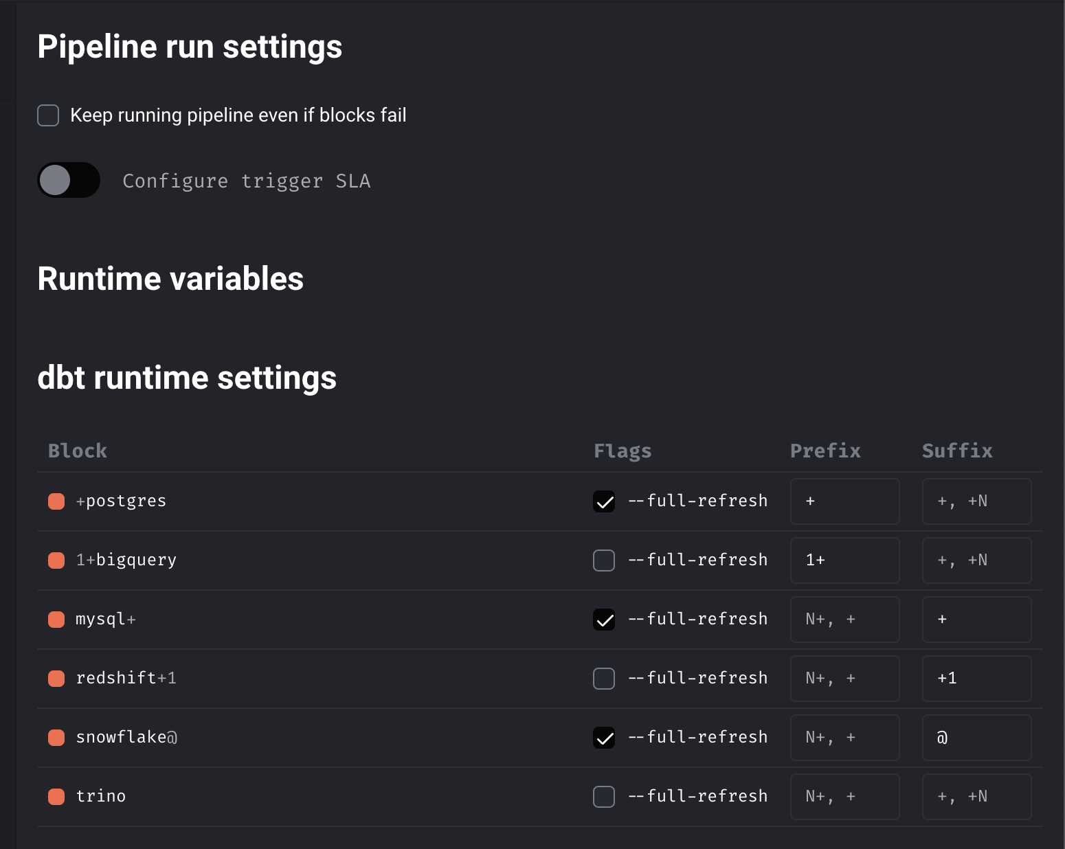 dbt runtime settings