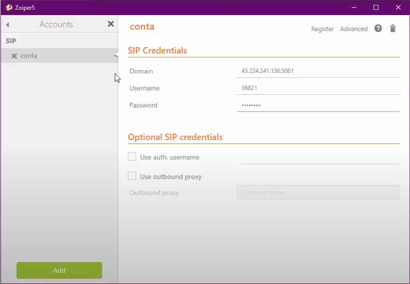 Example SIP client configuration
