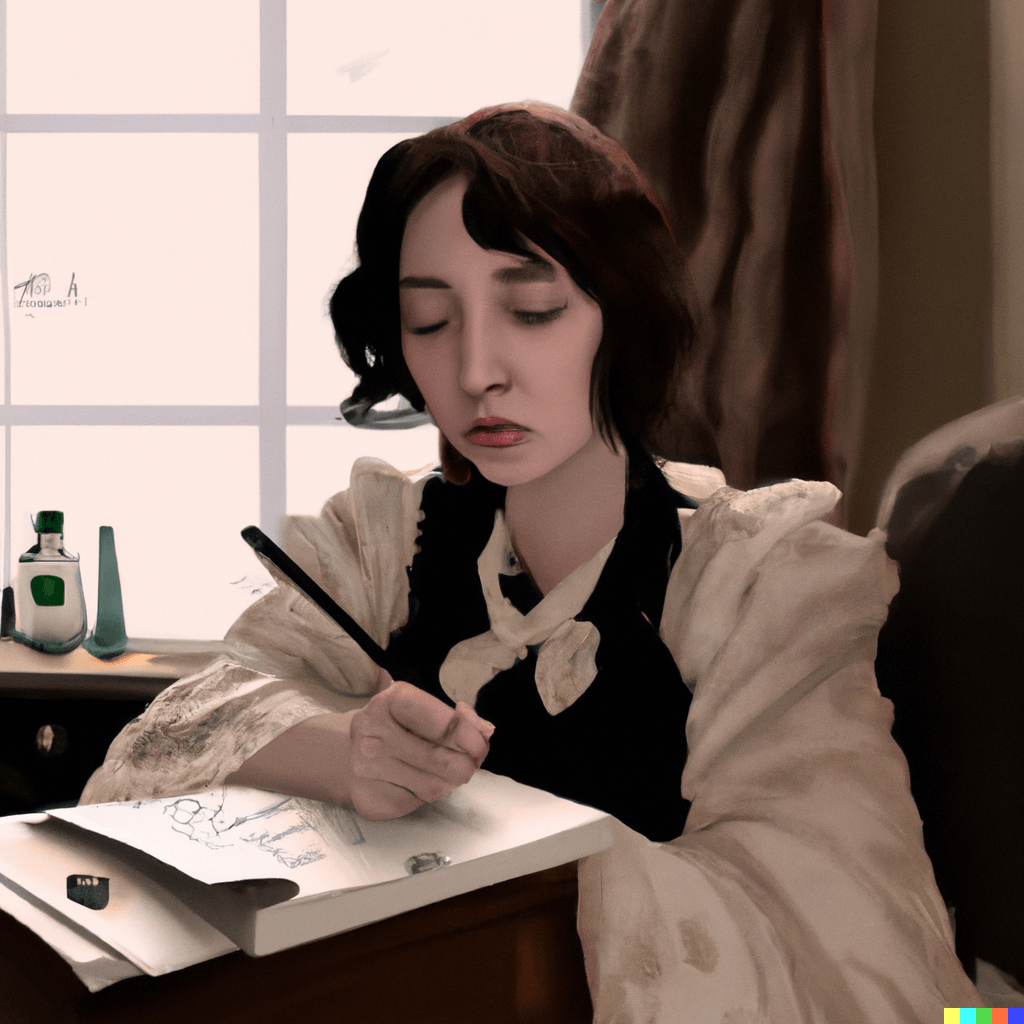 Wealthy depressed woman, 1890s, writing in journal, frazzled, character portrait, photorealistic, canon 5D mark ii, digital art, 4K