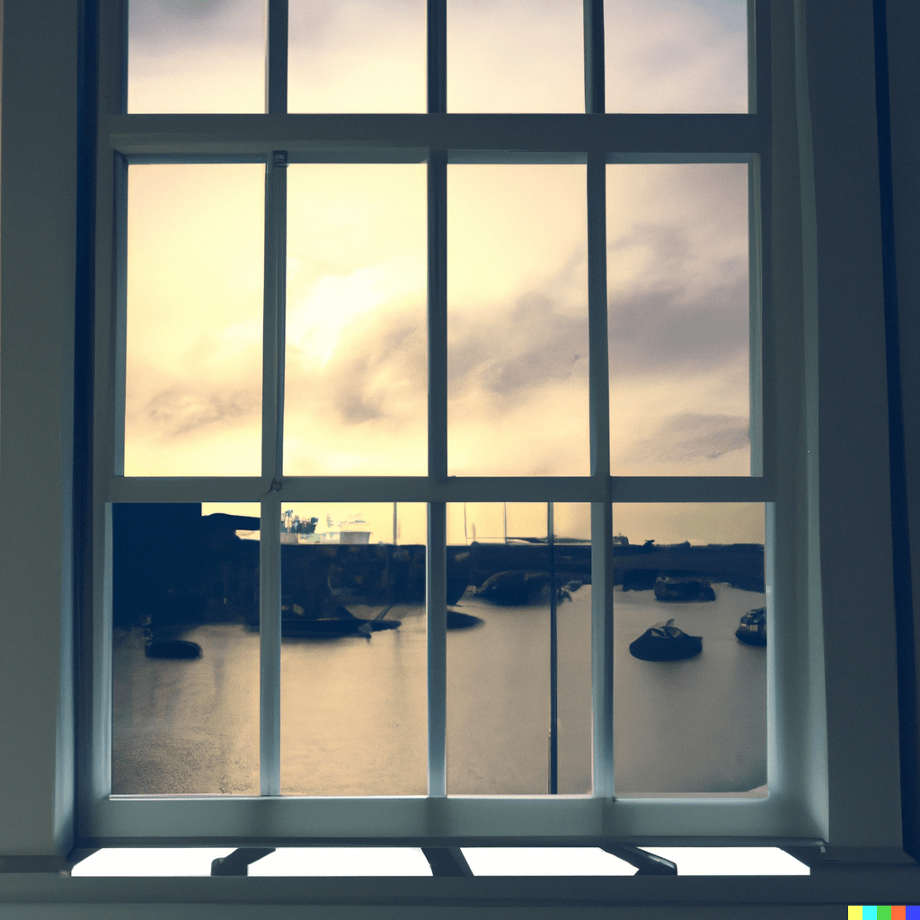 4th floor window with bay view, 1890s style window, private wharf, shaded lane, cinematic concept art, 4k