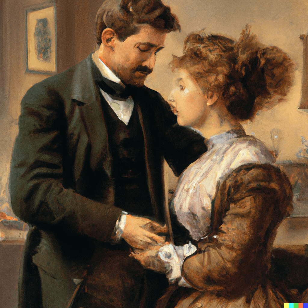 Candid photograph of young man and wife, 1890s, man consoling woman, condescending, character portrait, digital art, highly detailed, 4K