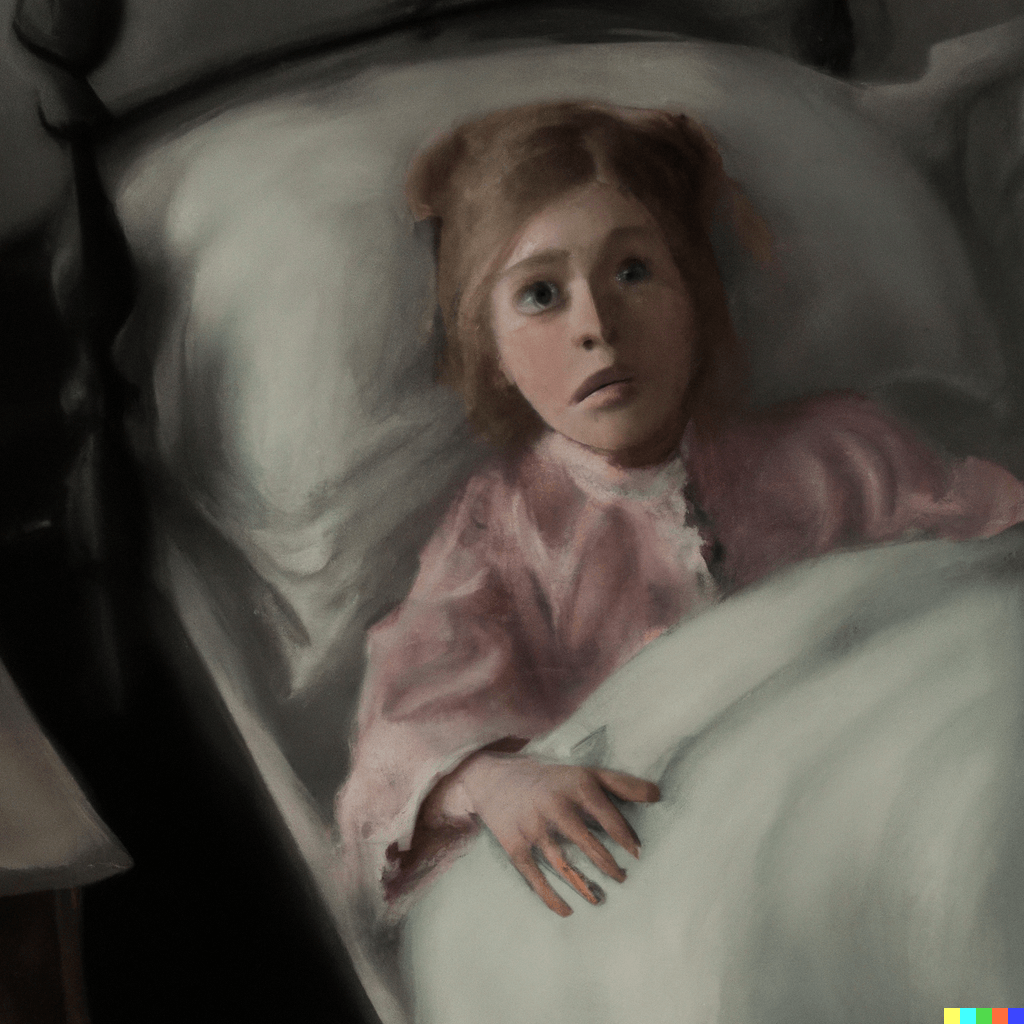 Girl awake in bed, 1890s, terrified, 6-year-old, character portrait, photorealistic, canon 5D mark ii, digital art, 4K