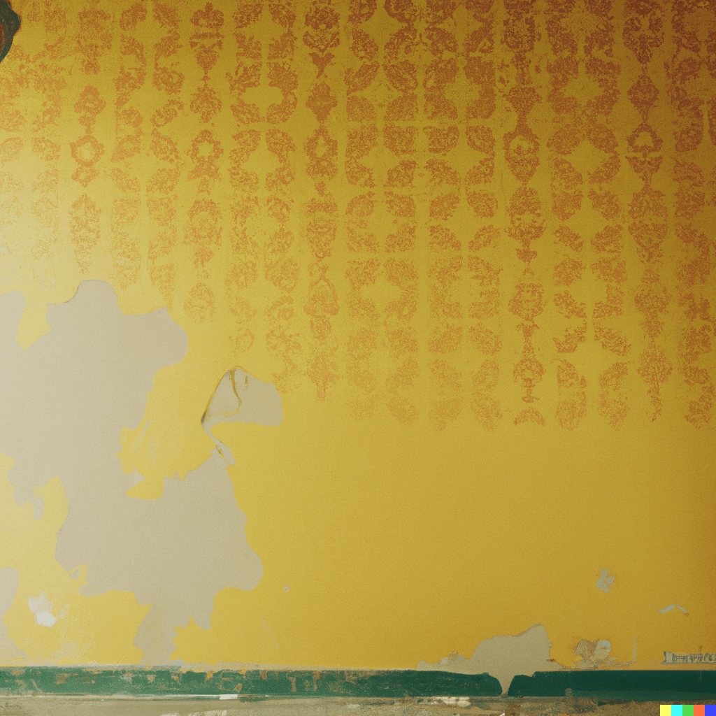 Bedroom, 1890s interior design, scratched floor, gouged plaster, splintered, yellow wallpaper with a loud pattern, cinematic concept art, 4k