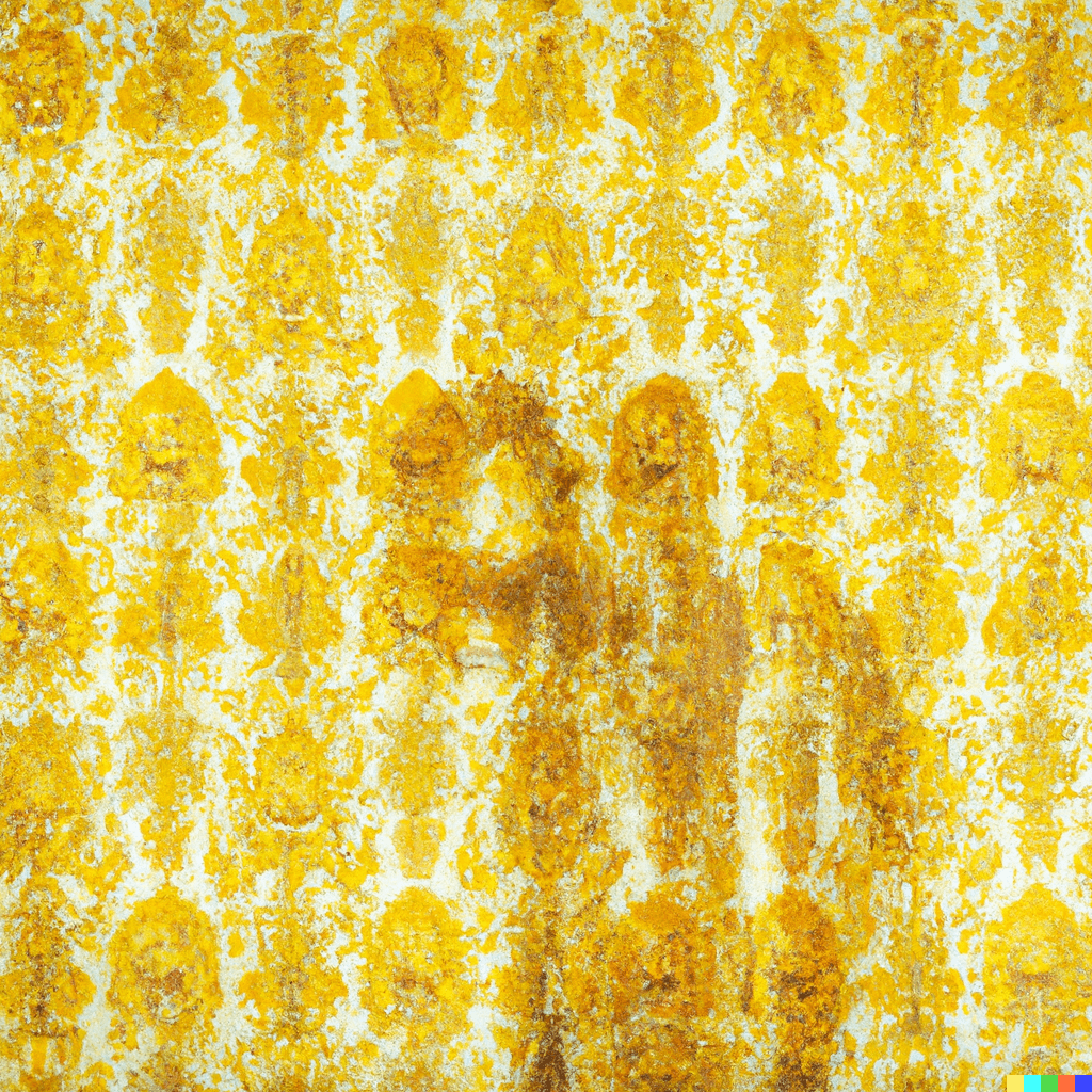 person camouflaged by wallpaper, shaking, yellow wallpaper with loud pattern, 1890s, digital art, 4k