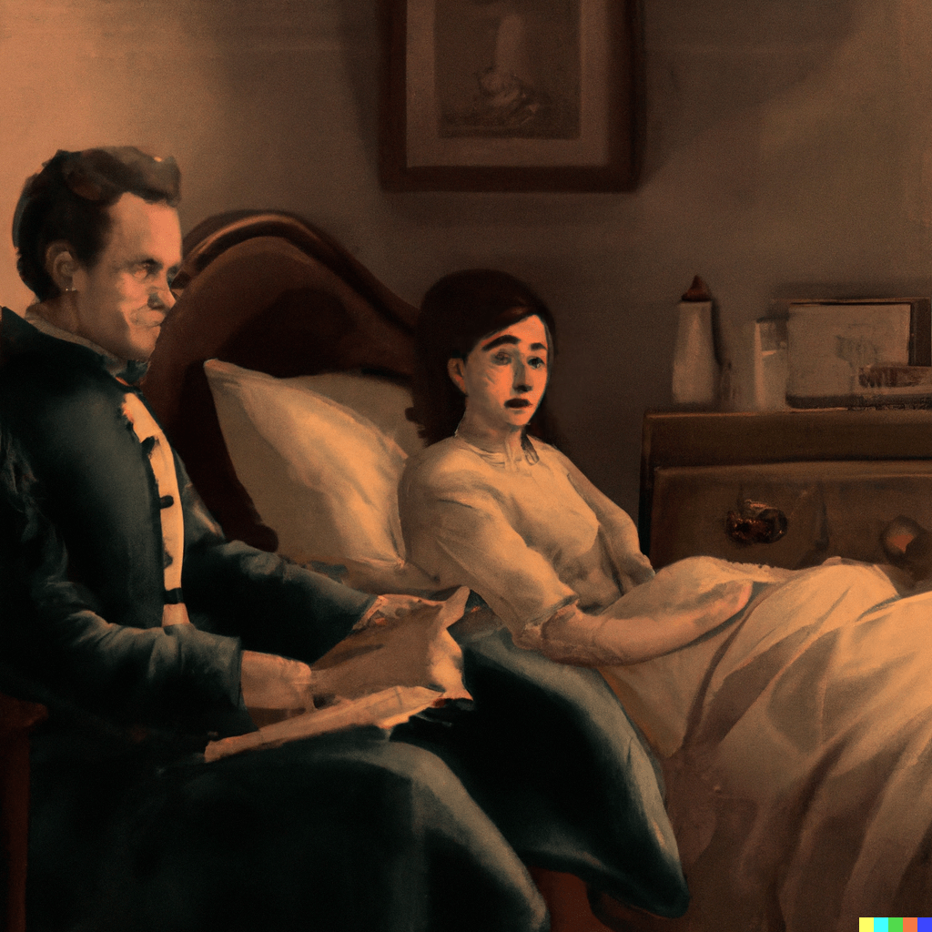 caucasian woman, bedtime story, 1890s, digital art, highly detailed, 4K