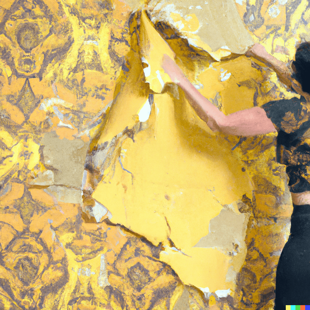 woman peeling off huge piece of wallpaper, yellow wallpaper with a loud pattern, 1890s, vigorously tearing, digital art, 4k