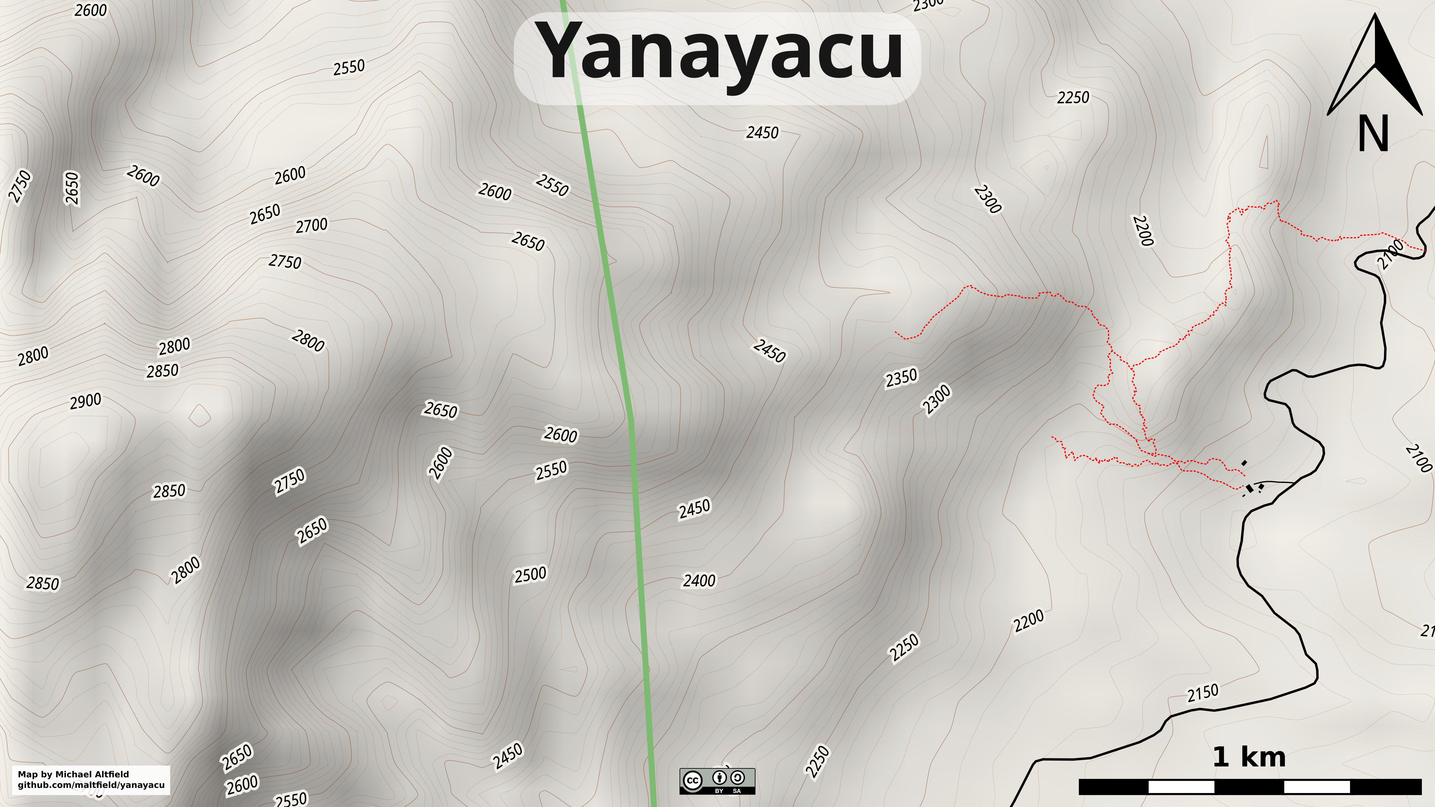 Image shows a topographical map of a mountainous area. The title reads Yanayacu. The elevation ranges from 2,100 to 2,900. The bottom-left has a small font that reads Map by Michael Altfield / github.com/maltfield/yanayacu