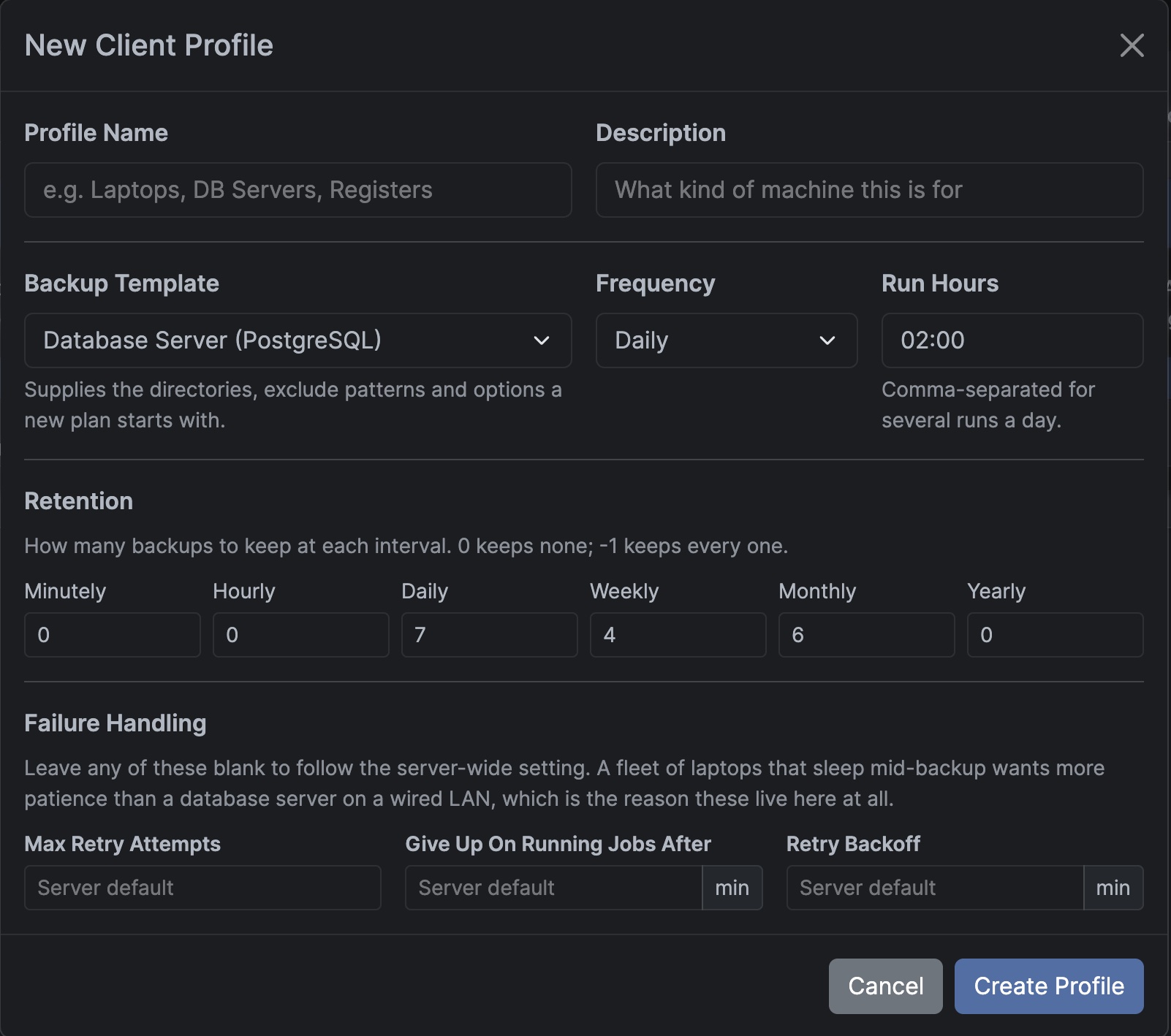 The New Client Profile dialog